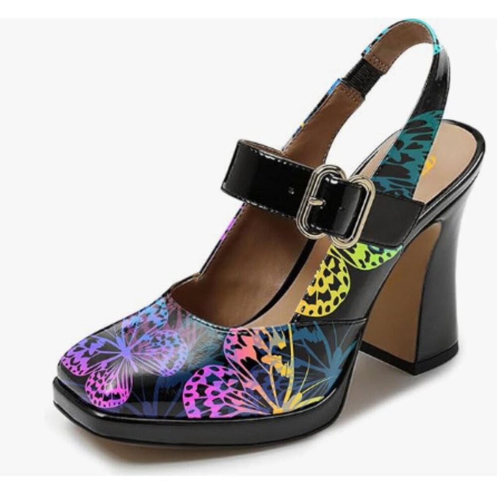 FYS Black Butterfly Platform Square Toe Block High Heel Slingback Party Pumps